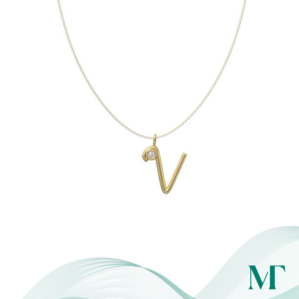 V diamond set initial pendant & chain
