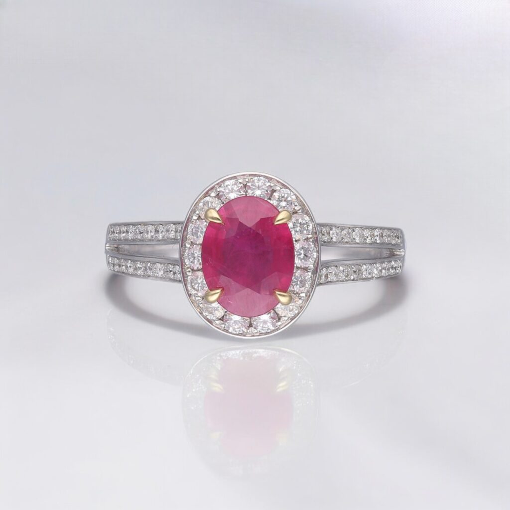 Ruby & Diamond Split shoulders Pave Halo ring