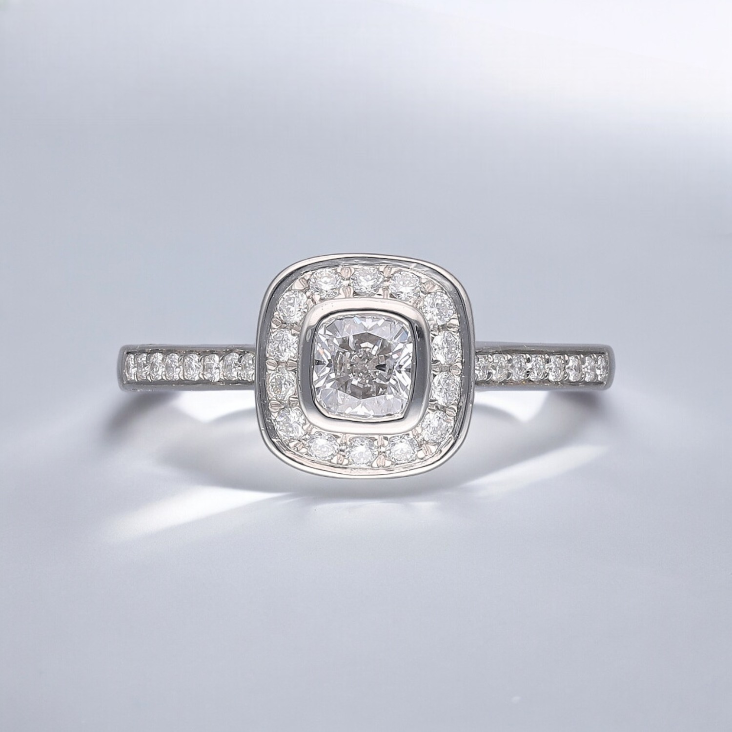 Cushion Diamond Rub-over halo ring 1 Cushion Diamond Rub-over halo ring