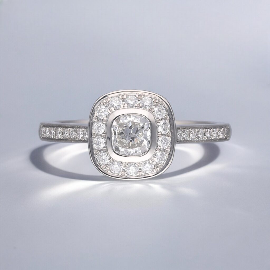 Cushion Diamond Rub-over halo ring